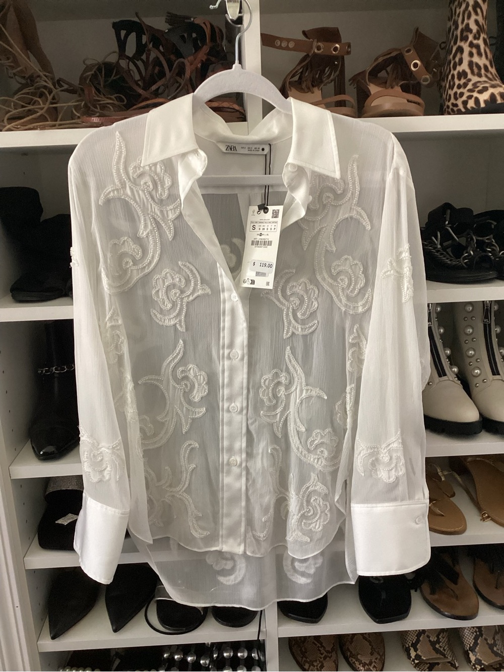 ZARA White Sheer Embroidered Button-Down Blouse